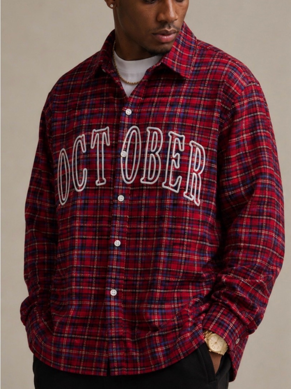OVO October’s very own red and purple embroidered plaid flannel shirt XXL